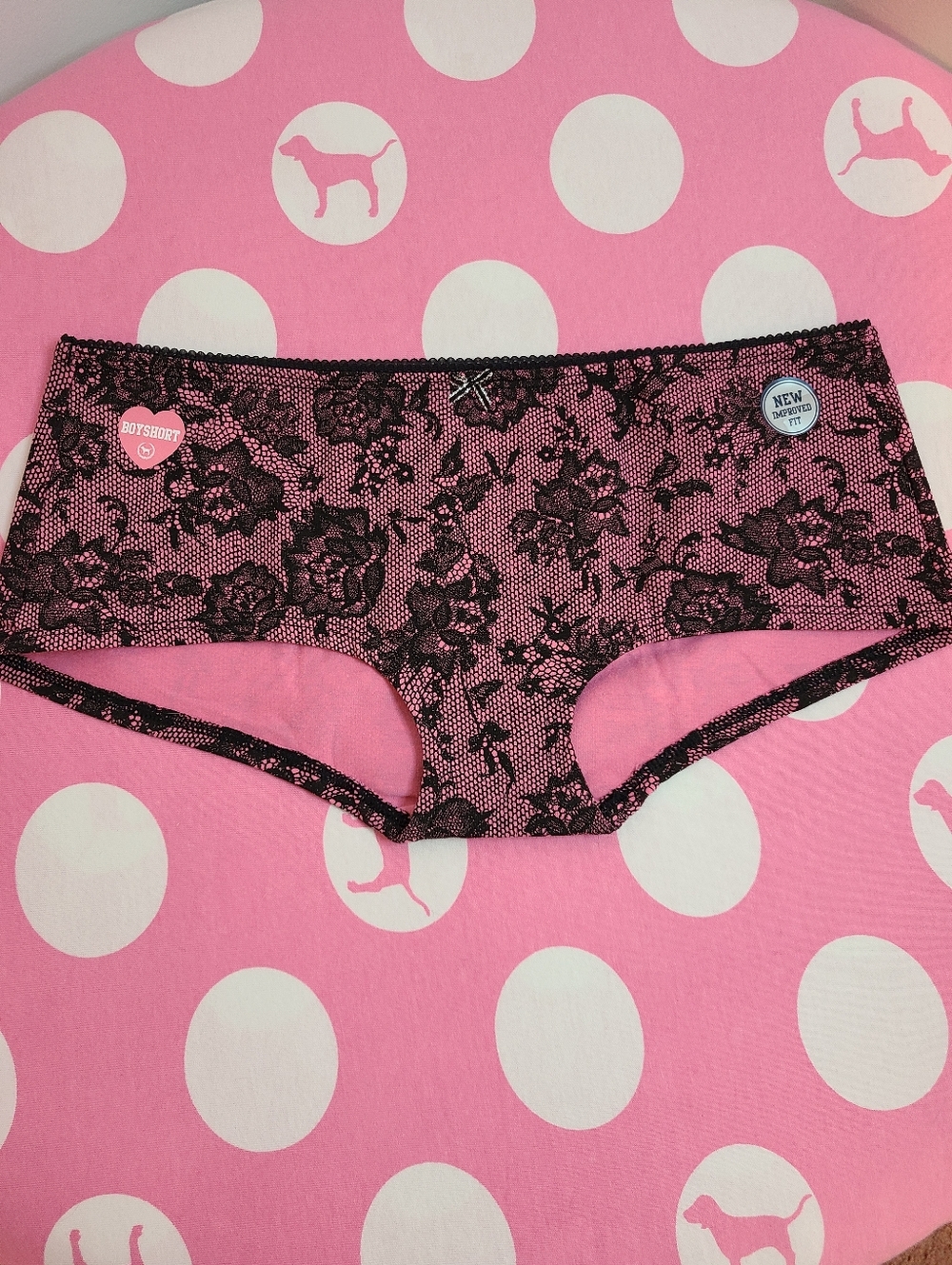 VTG VS PINK Cotton Picot Trim Extra Low Rise Boyshort Panty Size Sm Lace Print